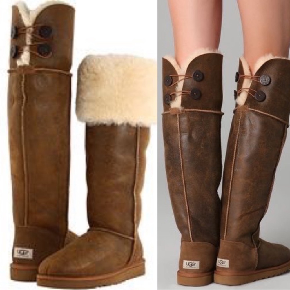 UGG OVER THE KNEE BAILEY BUTTON BOMBER CHESTNUT SHEEPSKIN BOOTS 8